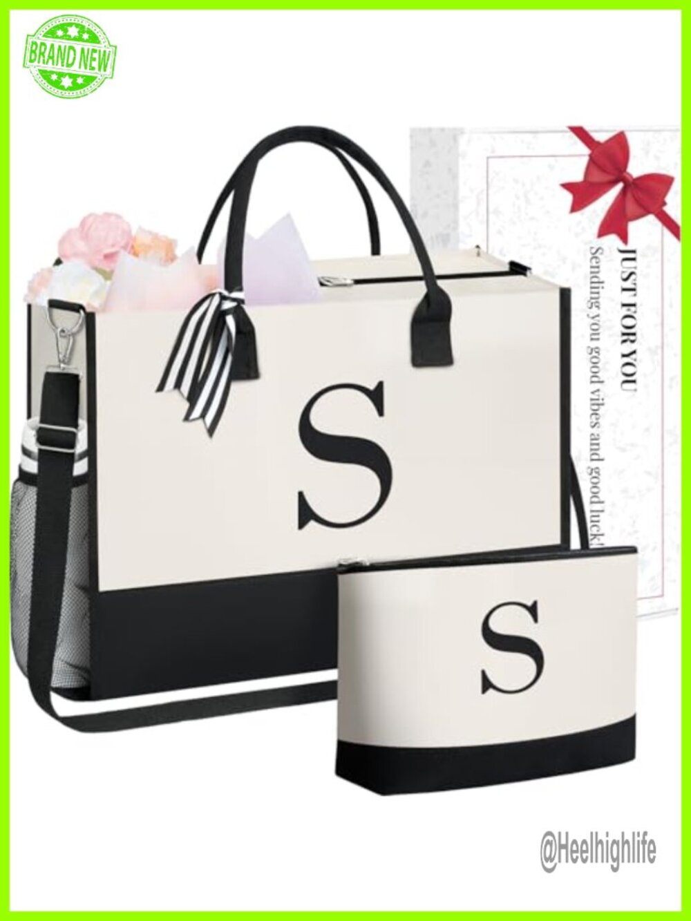 Personalized Initial Tote Bag with Matching Makeup Bag, Jute/Canvas, Zipper